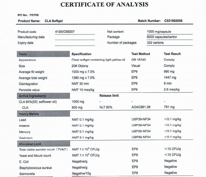 Conjugated Linoleic Acid (CLA) 1000mg Softgel Capsules